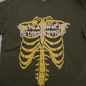 Graphic Olive Green Tee with Yellow Skeleton Design